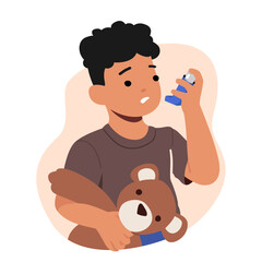 Little Boy with Asthma Breath with Inhaler. Kid Character Holding Teddy Bear Suffer of Respiratory Disease Symptoms - obrazy, fototapety, plakaty