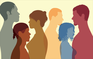 People of different colours talking in an isolated group. Various exposures. Conference or debate. Friends' discussions. The crowd communicates with each other. Vector Illustration