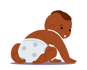 Newborn African Baby Wear Diaper Sitting on Floor Rear View Isolated on White Background. Cute Innocent Black Child