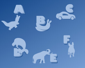 Alphabet with pictures. Graphic design for children and education. 3D pictures and letters part 1.