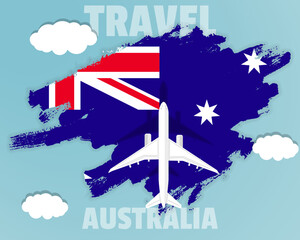 Obraz na płótnie Canvas Traveling to Australia, top view passenger plane on Australia flag, country tourism banner idea