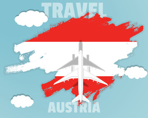Traveling to Austria, top view passenger plane on Austria flag, country tourism banner idea