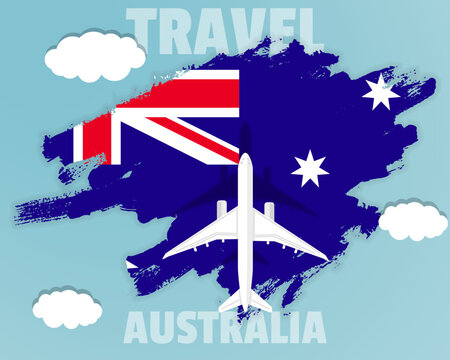Traveling to Australia, top view passenger plane on Australia flag, country tourism banner idea