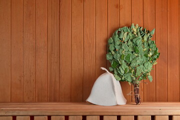 Traditional Accessories for Sauna Treatments. Horizontal Photo. Front View.