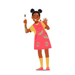 Happy Black Girl Covered with Paints Spots. Cute Little Child with Dye on Dress, Face and Hands. Kids Painting Concept