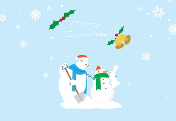 Christmas card. A bear and a rabbit making a snowman on a blue winter background.