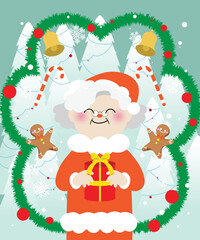 Christmas card vector illustration with Mrs Claus, Mother Christmas, Christmas  decorations and gifts