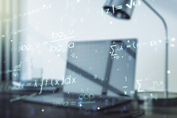 Creative scientific formula concept on modern laptop background. Multiexposure