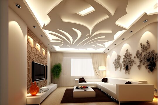 False ceiling made of plasterboard, in a sophisticated and stylish design, with LED lighting, interior furniture