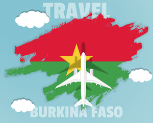 Traveling to Burkina Faso, top view passenger plane on Burkina Faso flag, country tourism banner idea