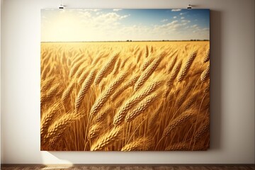 a painting of a wheat field with a blue sky and clouds in the background is hanging on a wall in a room with a wooden floor and a wooden floor and a white wall with a.