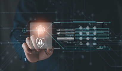 Cyber protection and data security with internet privacy. High security prevention to access or lock system. Internet security technology concept. Businessman touching finger scan in virtual screen.