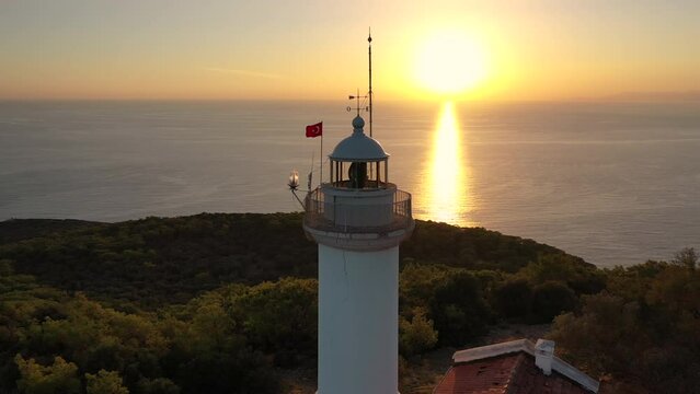 Aerial View of Gelidonya Lighthouse on Cape Above Mediterranean Sea at Sunset, Turkey