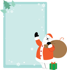 Christmas vector card template. Illustration of a white bear in a Santa costume waving, with a huge bag of gifts. Wish list blank space template vector.