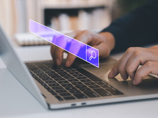 Online search technology concept, person hand typing for searching internet, find information, job or research. Access the web site or application. 