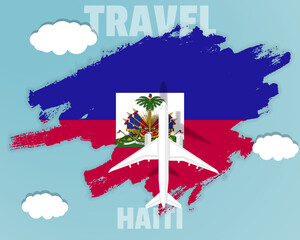 Traveling to Haiti, top view passenger plane on Haiti flag, country tourism banner idea