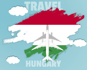 Traveling to Hungary, top view passenger plane on Hungary flag, country tourism banner idea