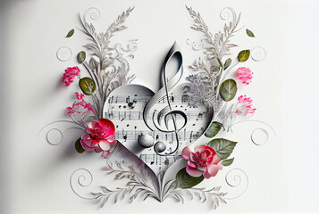 the most beautiful declaration of love with music and flowers, delicate, filigree, romantic, abstract, white background