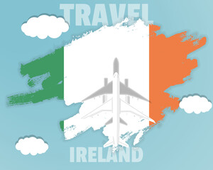 Traveling to Ireland, top view passenger plane on Ireland flag, country tourism banner idea