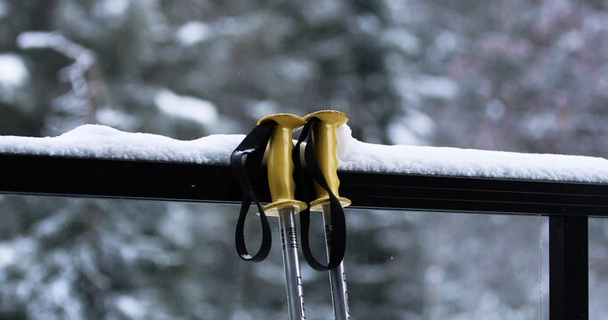 Two ski poles with yellow handles laying against a glass railing while its snowing with a pine forest in the background