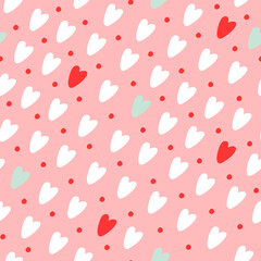 Seamless pattern with hearts and dots on a pink background. The pattern includes white, red, gray. Hand drawn hearts. Valentine's day background. Vector illustration.
