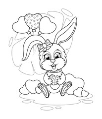Coloring page. Cute bunny with hearts and balloons