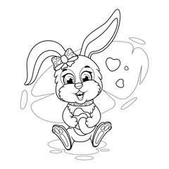 Coloring page with romantic bunny and hearts