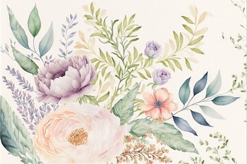 a painting of flowers and leaves on a white background with green leaves and pink and purple flowers on a white background with green leaves and pink and purple flowers on the bottom corner of the.