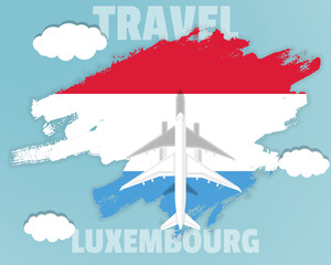 Traveling to Luxembourg, top view passenger plane on Luxembourg flag, country tourism banner idea