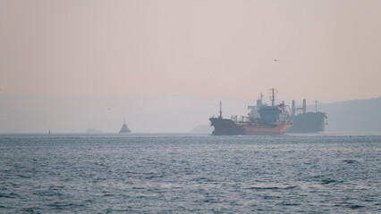 Fototapeta premium Bosphorus under fog, ship traffic in the Bosphorus, foggy sea and ship view