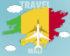 Traveling to Mali, top view passenger plane on Mali flag, country tourism banner idea