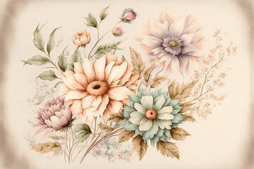 a painting of a bouquet of flowers on a white background with a brown border around the edges of the picture and a butterfly flying over the top of the flowers on the bottom of the picture.
