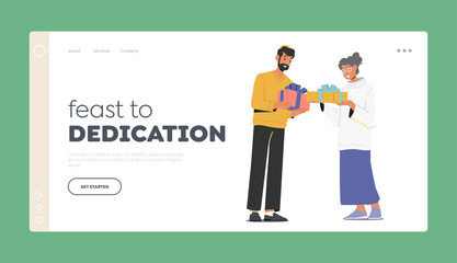 Feast to Dedication Landing Page Template. Happy Family Male and Female Characters Giving Presents to Each Other