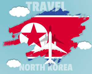 Traveling to North Korea, top view passenger plane on North Korea flag, country tourism banner idea