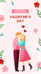 Vector vertical template greeting card for valentines day. Happy couple hug in love on pink background illustration. Flyer for celebrate event and social media