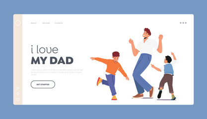 Fototapeta na wymiar Parent with Children Dance Landing Page Template. Dad and Kids Characters Fun Sparetime, Leisure, Rejoice Together