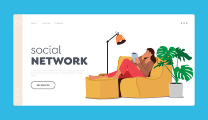 Social Network Landing Page Template. Online Date, Modern Relations, Female Character Sitting on Sofa with Tablet Pc