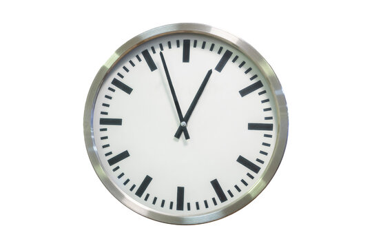 Analog wall clock with metal rim with the numbers represented with bars