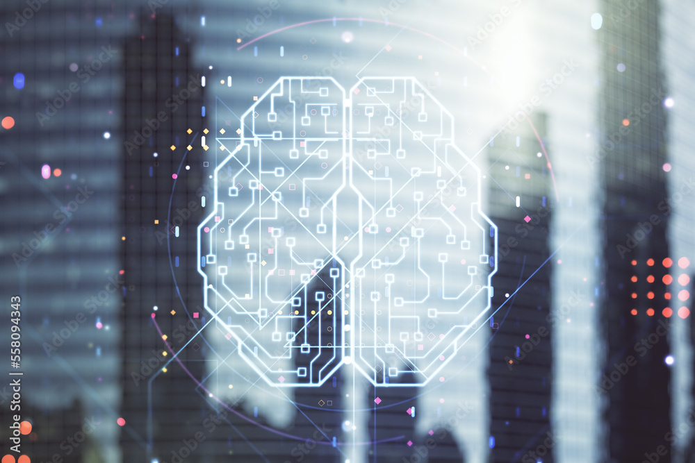 Poster double exposure of creative artificial intelligence interface on modern skyscrapers background. neur