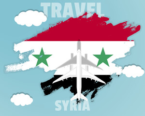 Traveling to Syria, top view passenger plane on Syria flag, country tourism banner idea