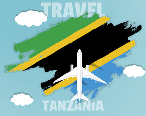 Traveling to Tanzania, top view passenger plane on Tanzania flag, country tourism banner idea
