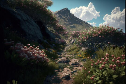 a digital painting of a path leading to a mountain with flowers growing on it and a cloudy sky in the background.
