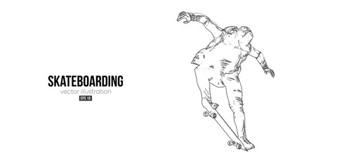 Abstarct silhouette of a skateboarder on white background. The skateboarder man is doing a trick. Street skateboarding. Vector illustration