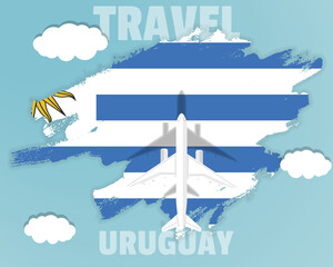 Traveling to Uruguay, top view passenger plane on Uruguay flag, country tourism banner idea