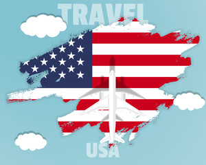 Traveling to USA, top view passenger plane on USA flag, country tourism banner idea