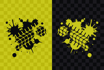 Tuck or SUV tire track, shabby imprint of car wheels, tire track of offroad car. Road dirt and tire print, silhouette isolated on dark and light transparent backgrounds.