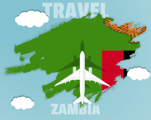 Traveling to Zambia, top view passenger plane on Zambia flag, country tourism banner idea
