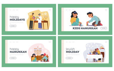 Hanukkah Israel Holiday Celebration Landing Page Template Set. Happy Family Celebrating Jewish Festival of Lights