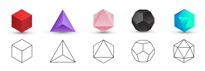 Set of colorful vector editable 3D platonic solids isolated on white background. Mathematical geometric figures such as cube, tetrahedron, octahedron, dodecahedron, icosahedron. Icon, logo, button.