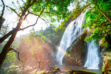 waterfall in the mountains, Khlong Lan Waterfall, Khlong Lan National Park, Kamphaeng Phet, in Thailand.Onsen atmosphere.